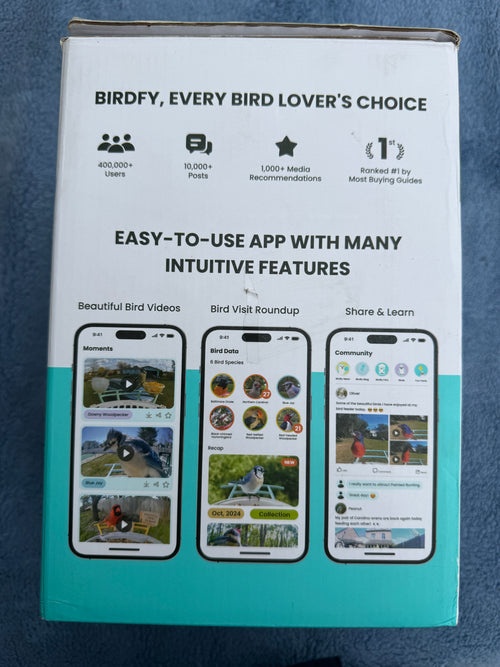 Birdfy packaging side showing app features