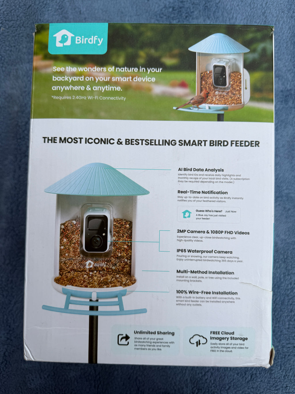 Birdfy packaging with printed camera and birdwatching features