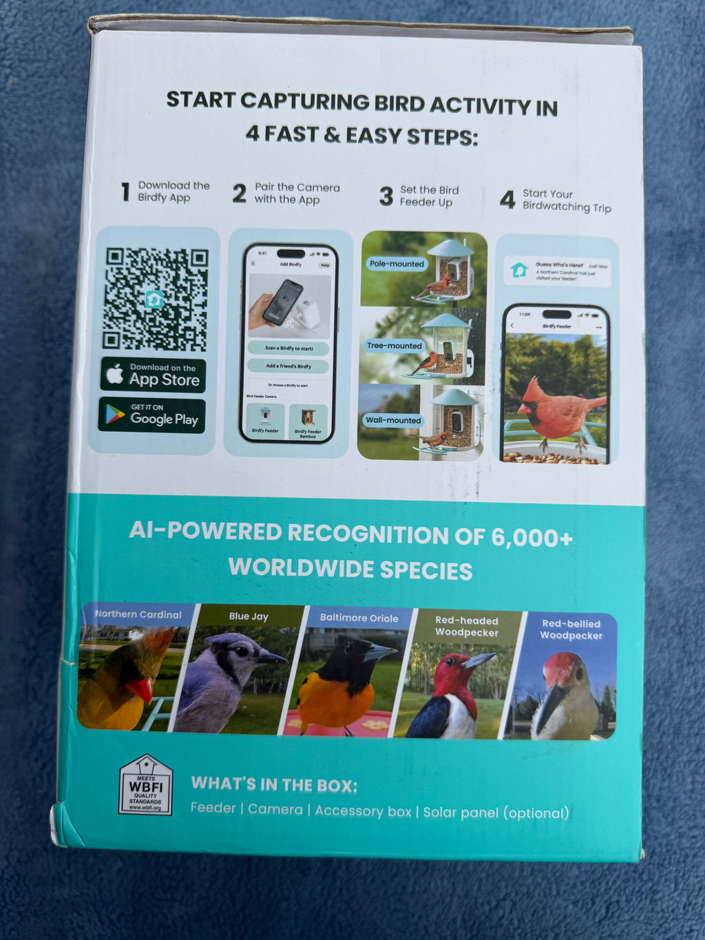 Birdfy packaging showing setup instructions