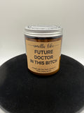 Future Doctor lavender soy candle front label on amber glass jar