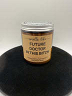 Future Doctor lavender soy candle front label on amber glass jar