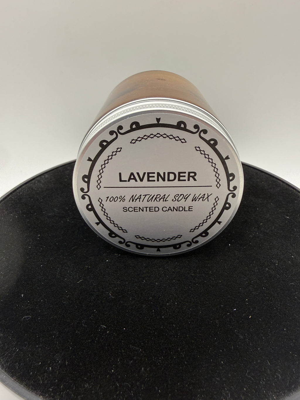 Lavender and 100% natural soy wax wording on candle lid
