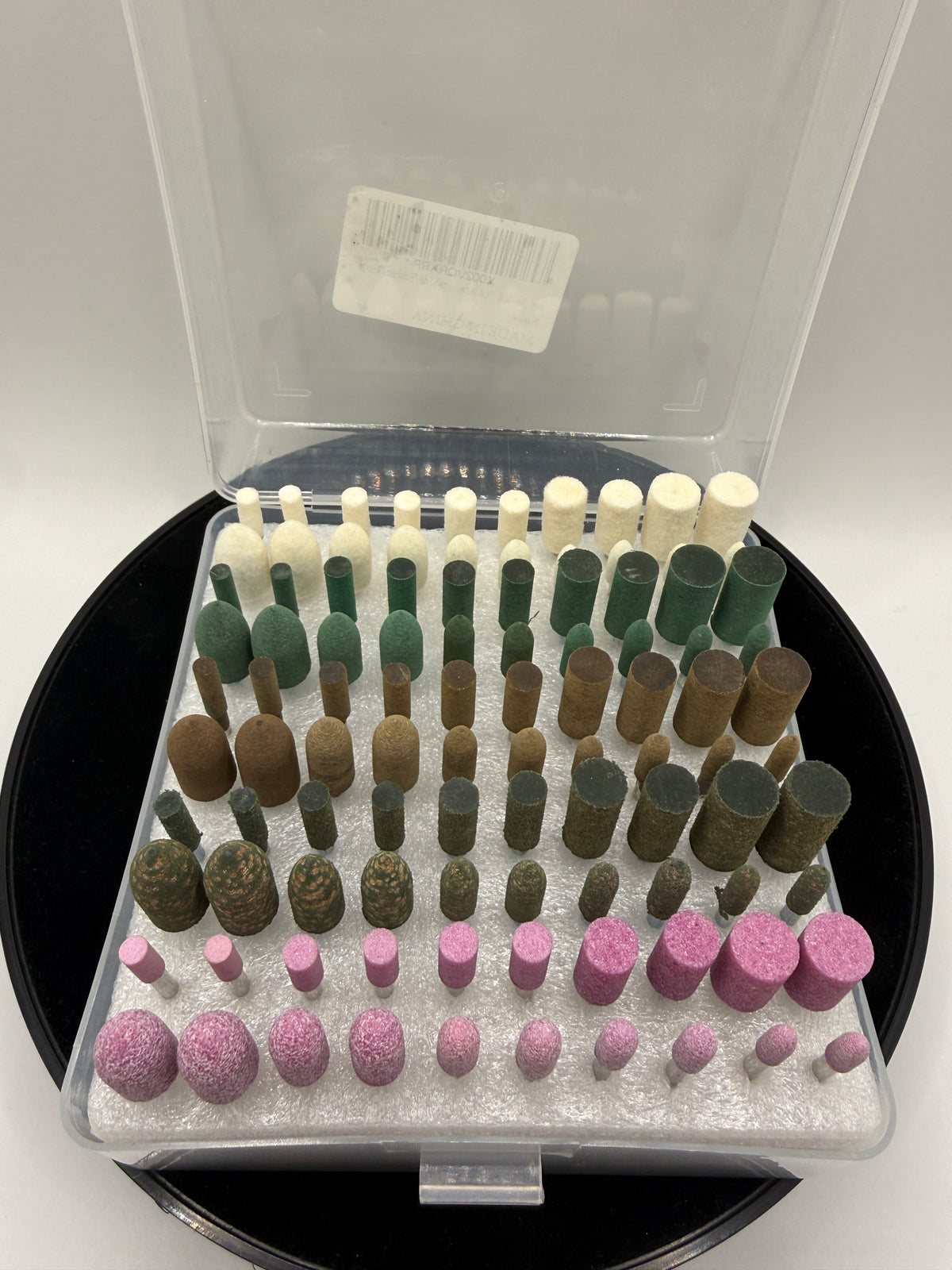 100-piece rotary tool grinding and polishing bit set with assorted heads in a clear storage case