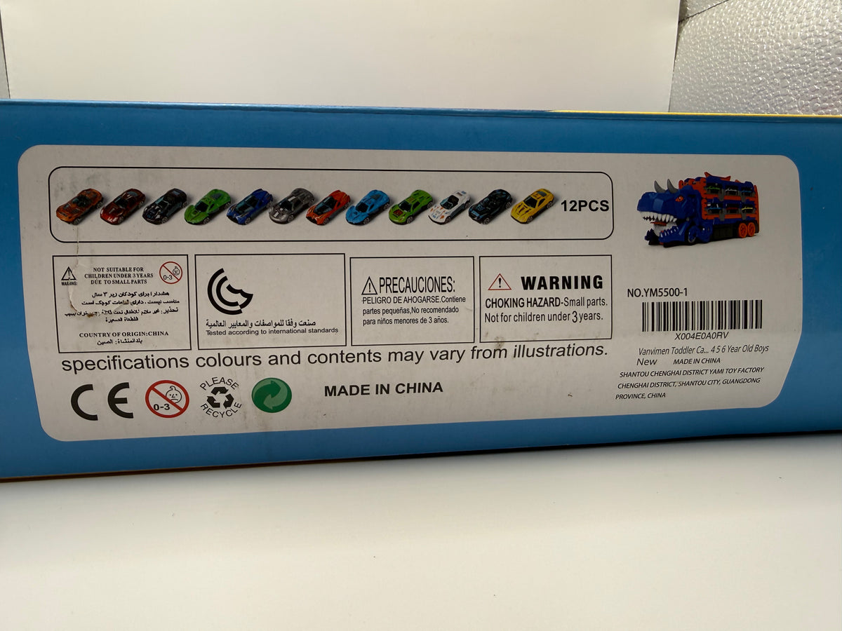 Back of box showing mini cars and safety information