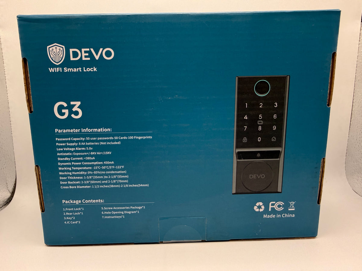 DEVO WiFi Smart Lock G3 box back with specifications