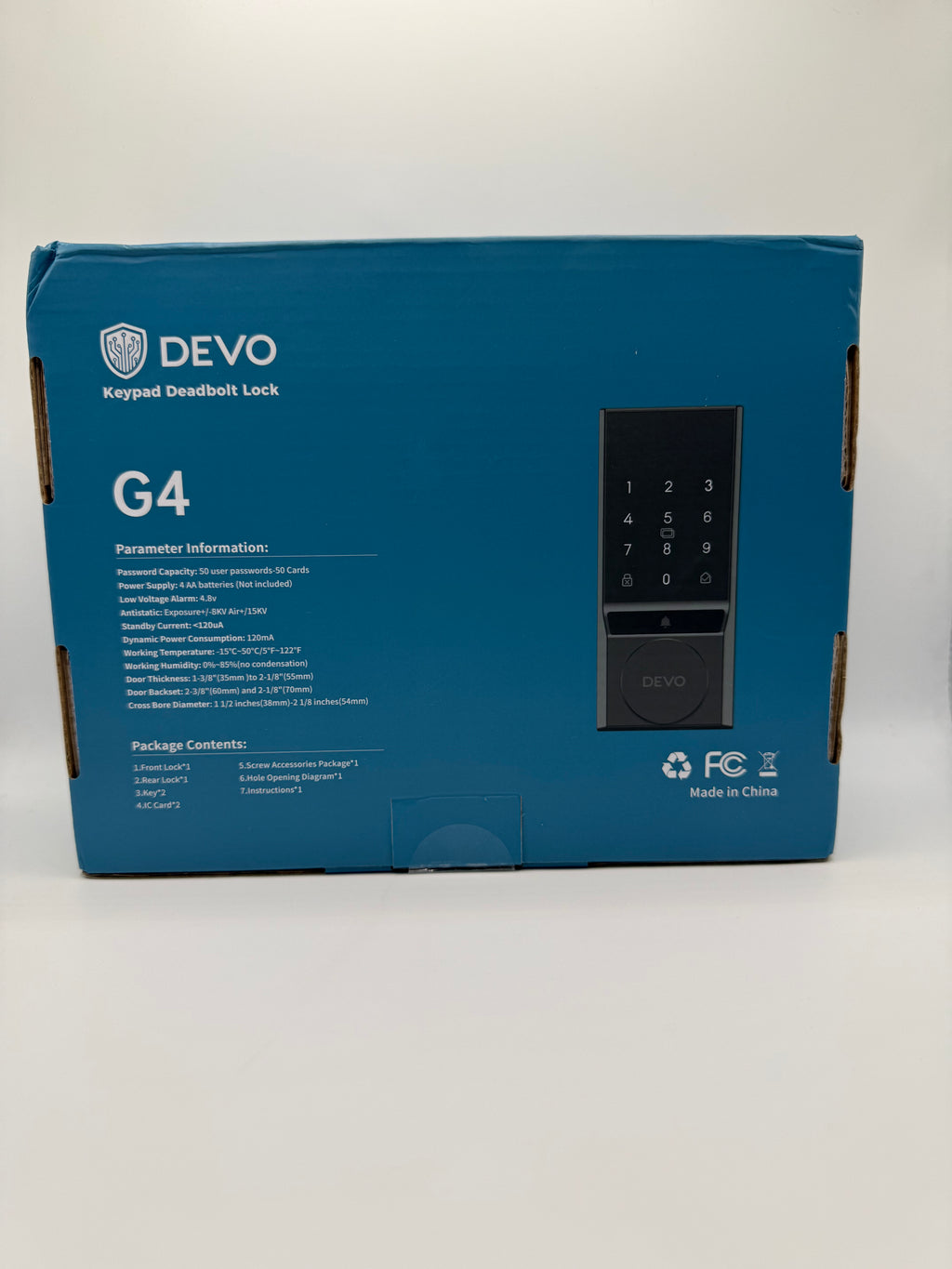 Back of DEVO G4 lock box with specs and package contents