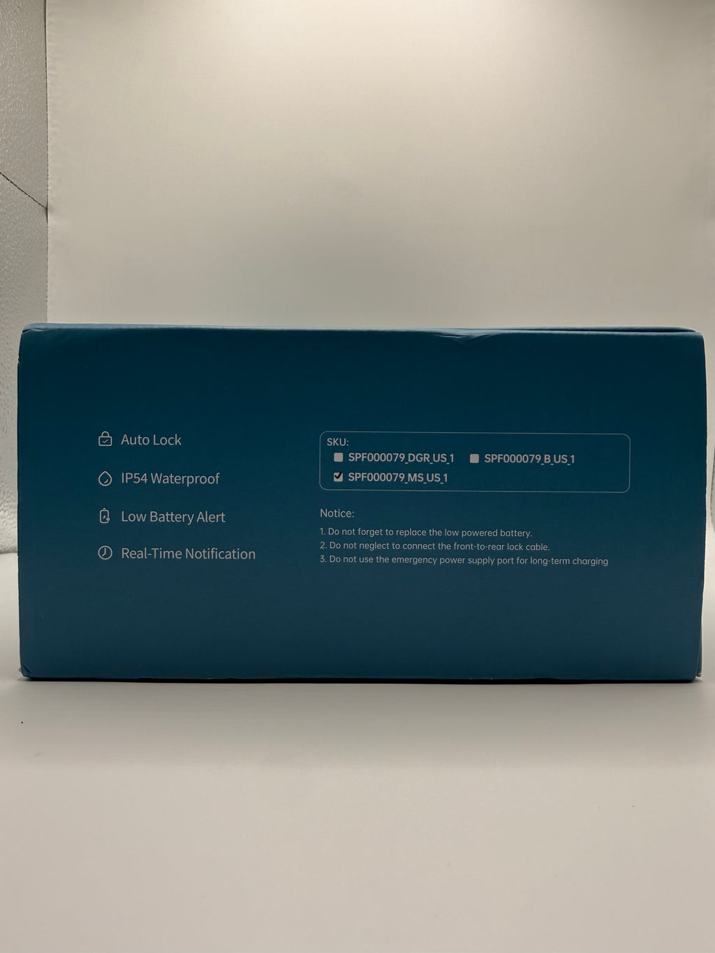 Side of box showing lock features and alerts