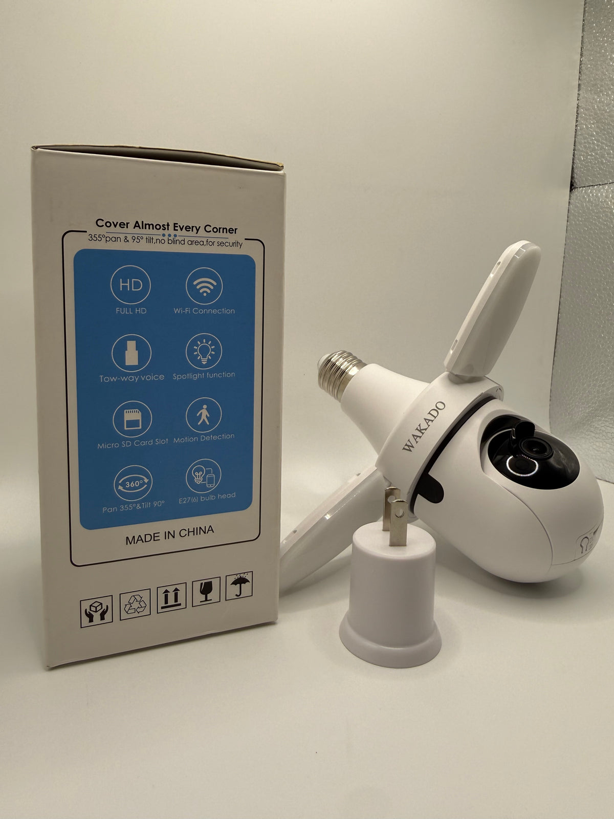 Wakado HD Smart Security Camera side view with plug adapter