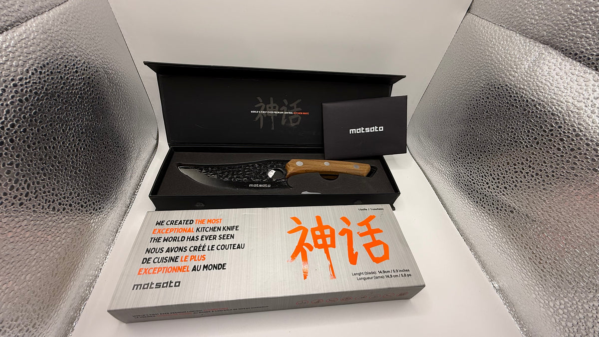 Matsato Premium Kitchen Knife with hammered stainless steel blade and wood handle in box