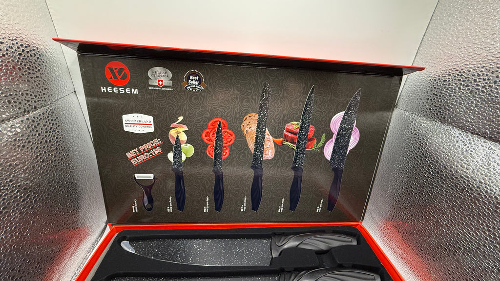 Close up of HEESEM knife set handles and blades in package
