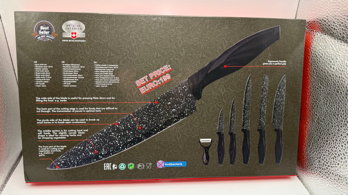 Back of HEESM knife set box with blade details and usage