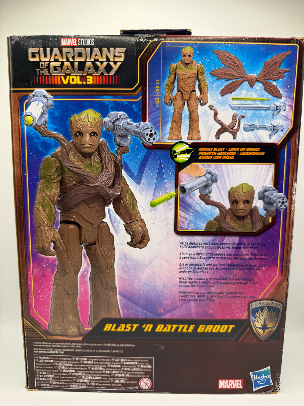 Bottom view of Groot figure packaging with product details