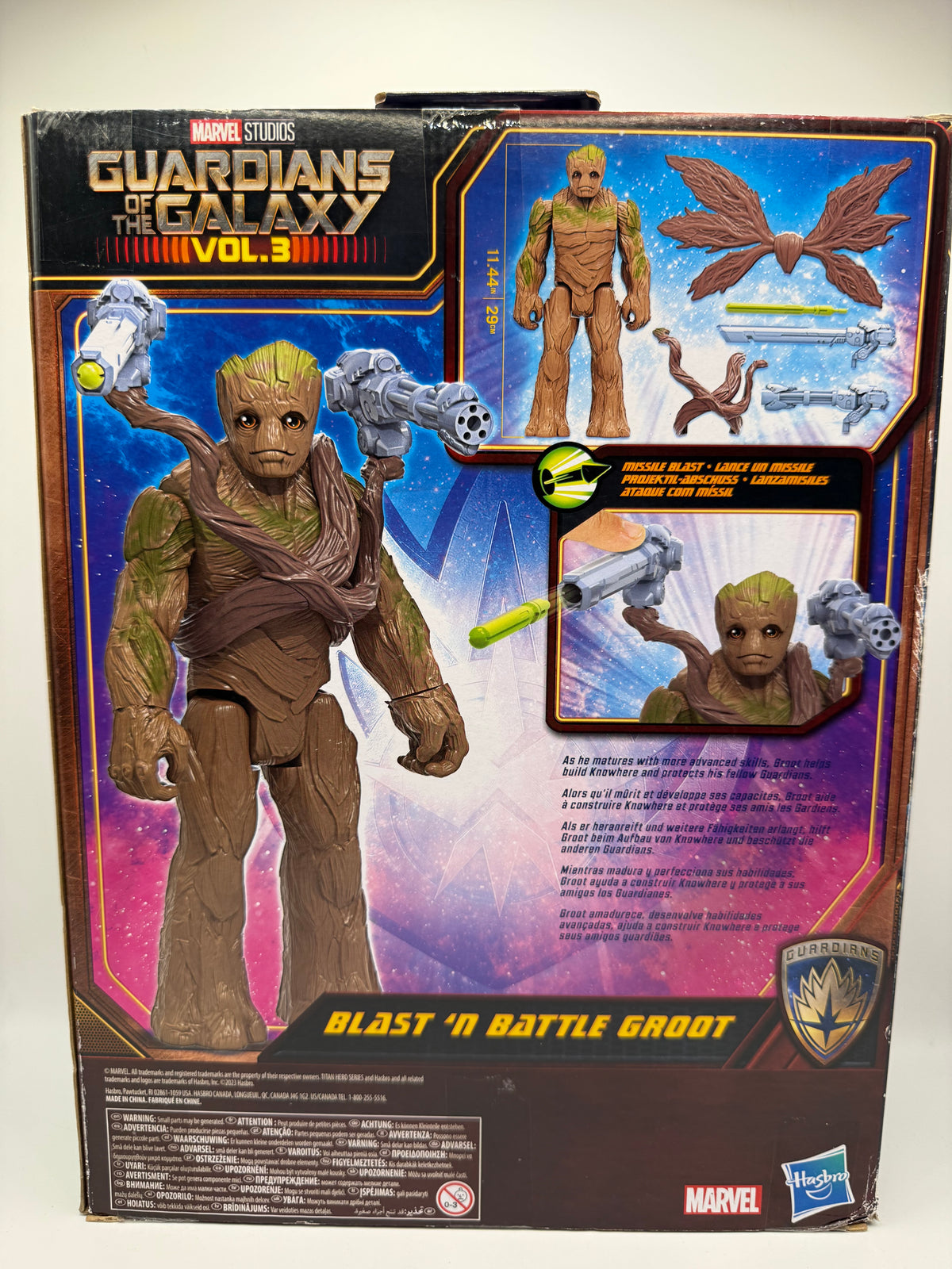 Bottom view of Groot figure packaging with product details