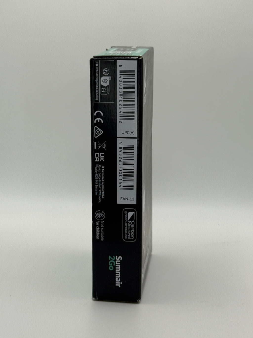 ARCTIC Summar 2Go Box Side View with Barcode and Certifications