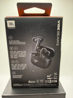 JBL Vibe Beam 2 earbuds in charging case with features list on box back