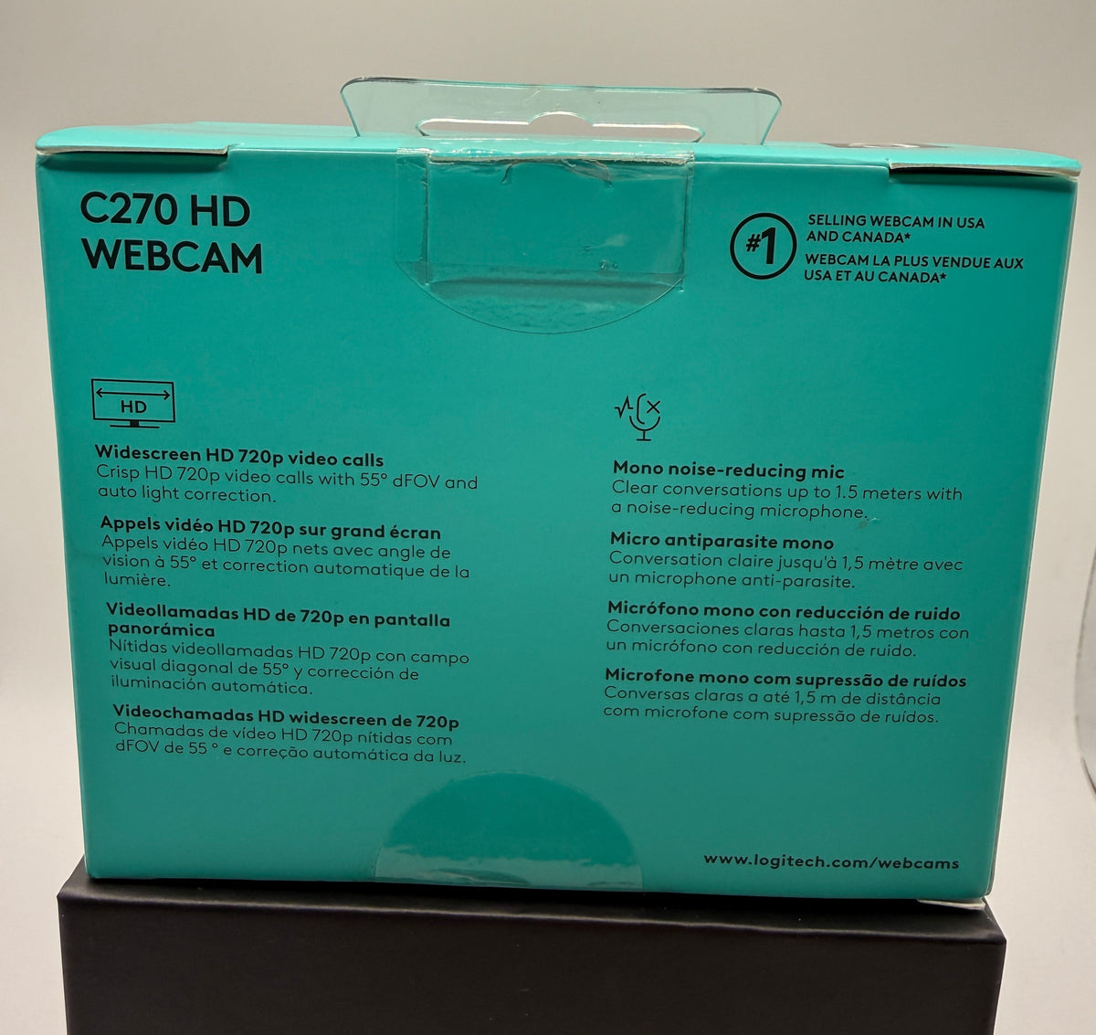 Logitech C270 HD Webcam back of box listing details