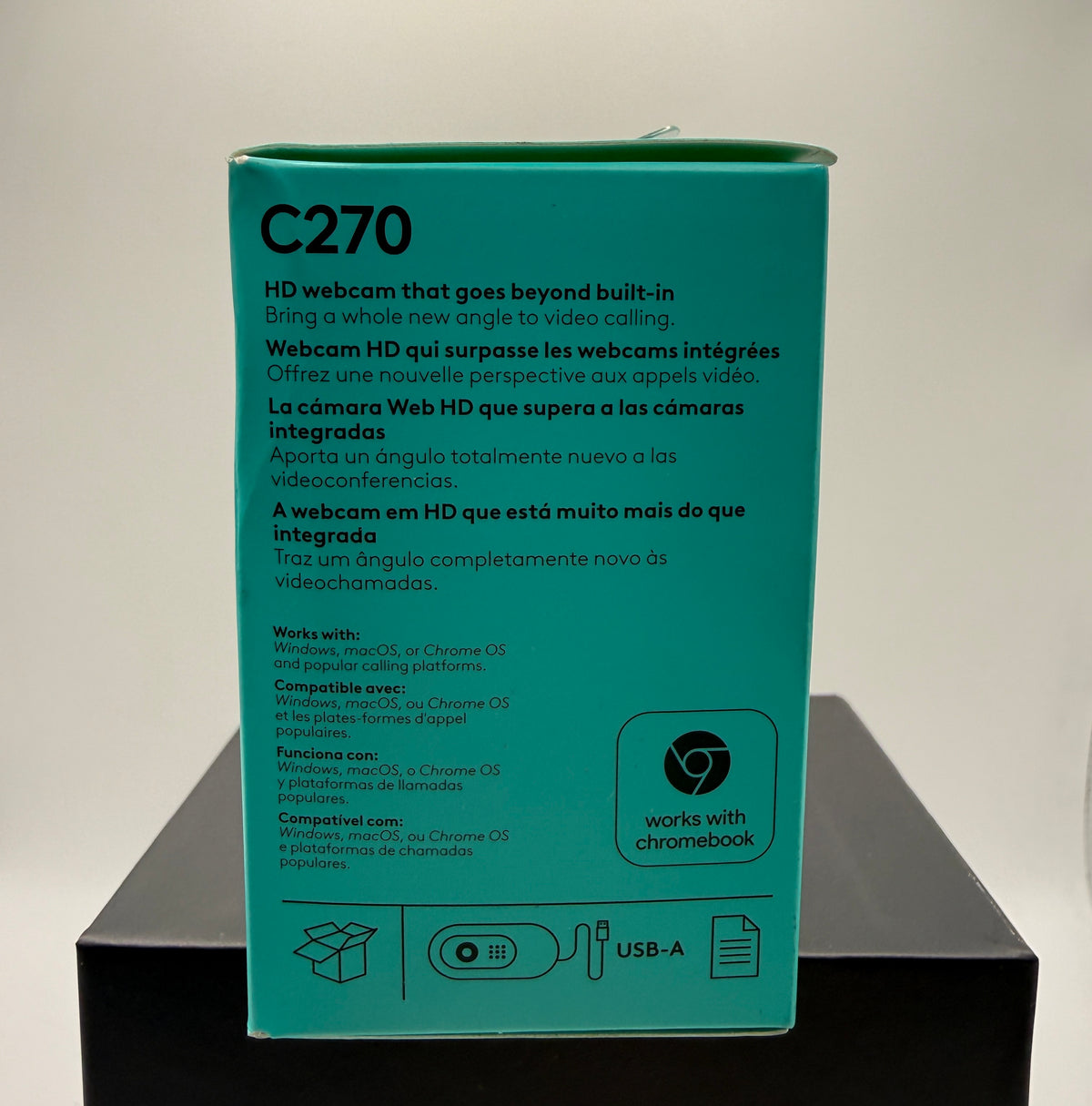 Logitech C270 HD Webcam side box view showing features