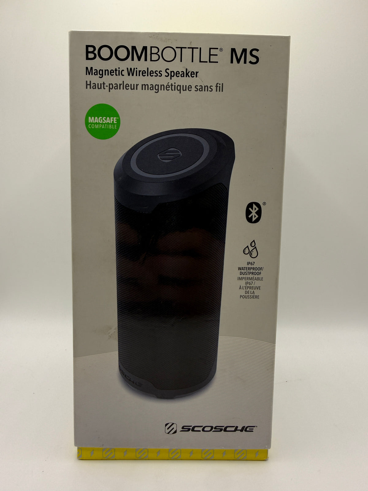 Scosche BoomBottle MS magnetic wireless speaker in box