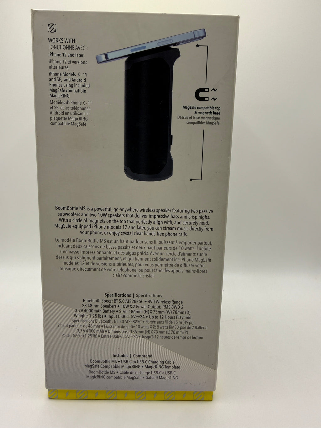 Back of the box showing speaker features and specs