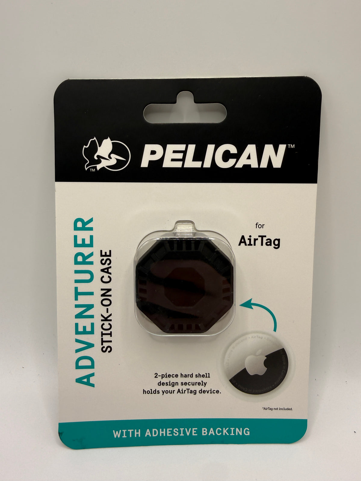Front view of Pelican Adventure Stick-On Case for AirTag blister packaging