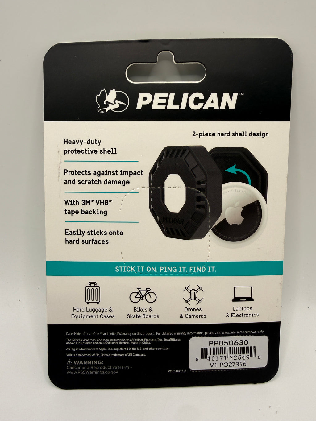 Back view with product features and barcode of Pelican AirTag protective case packaging