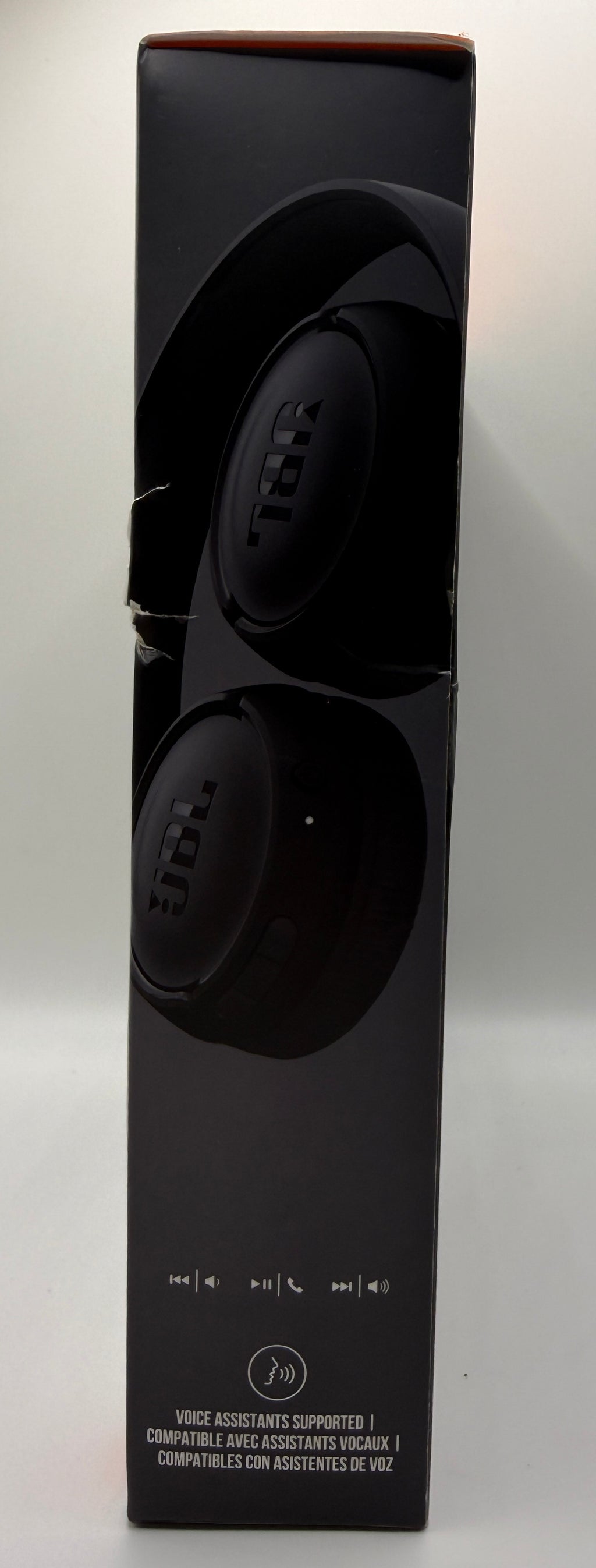 Side view of JBL Tune 510BT box showing controls and voice assistant support