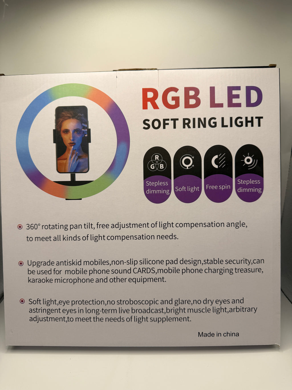 MJ30 RGB LED Soft Ring Light box back with features