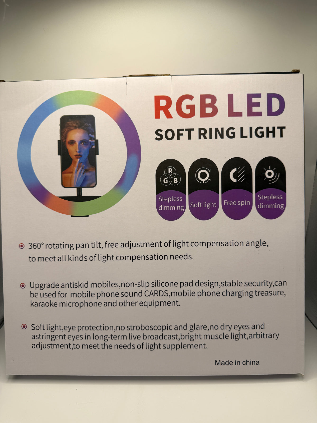 MJ30 RGB LED Soft Ring Light box back with features