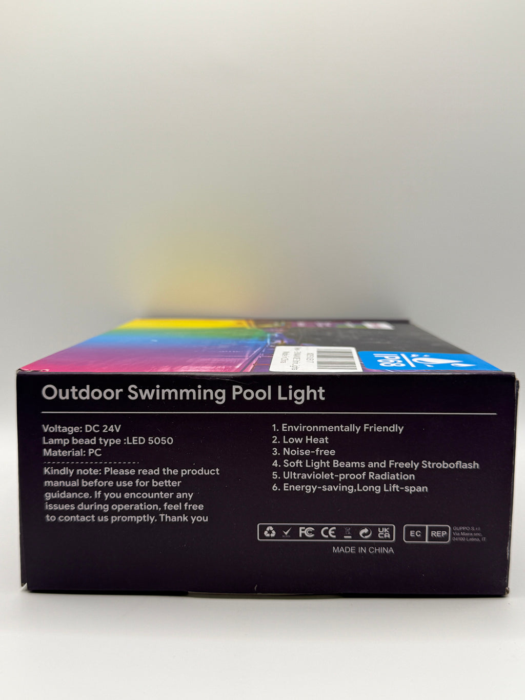Side view with product features and specifications on the box