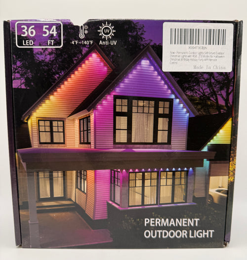Front view of house lit with permanent outdoor RGB LED lights