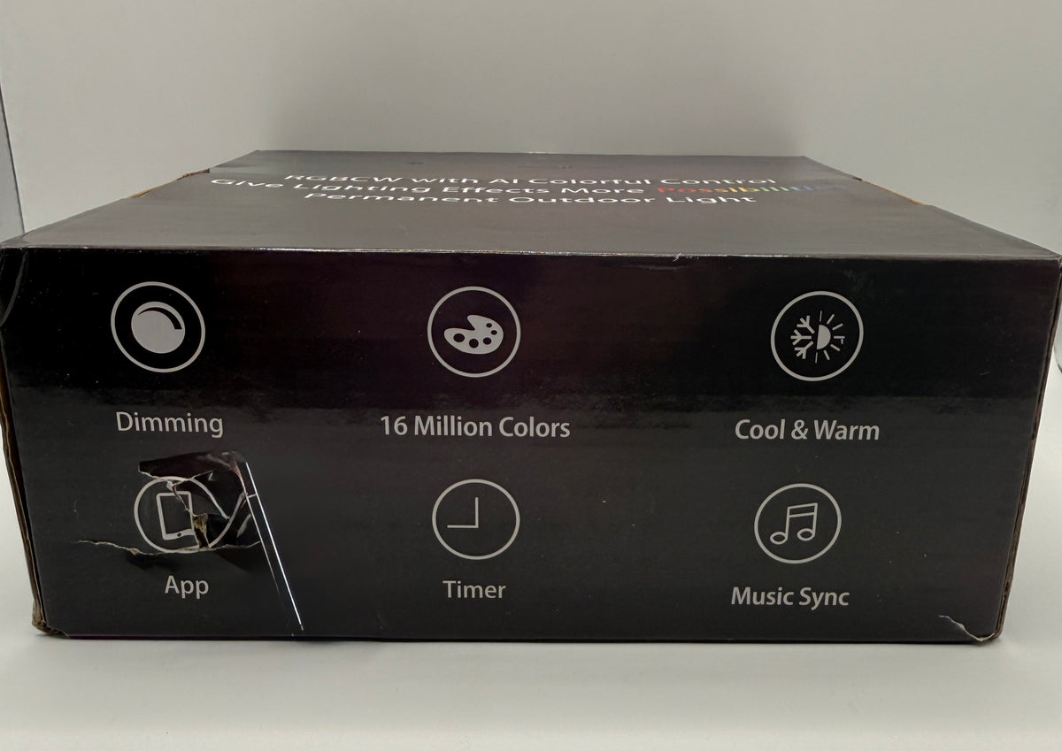 Box side with features icons showing dimming, app control, timer, music sync