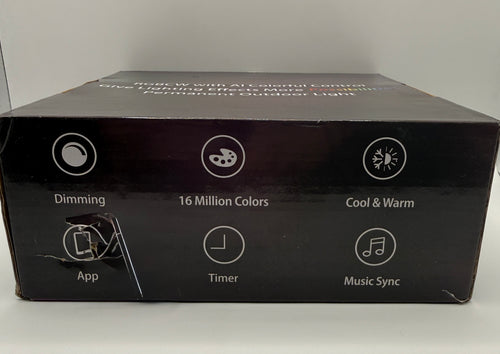 Box side with features icons showing dimming, app control, timer, music sync