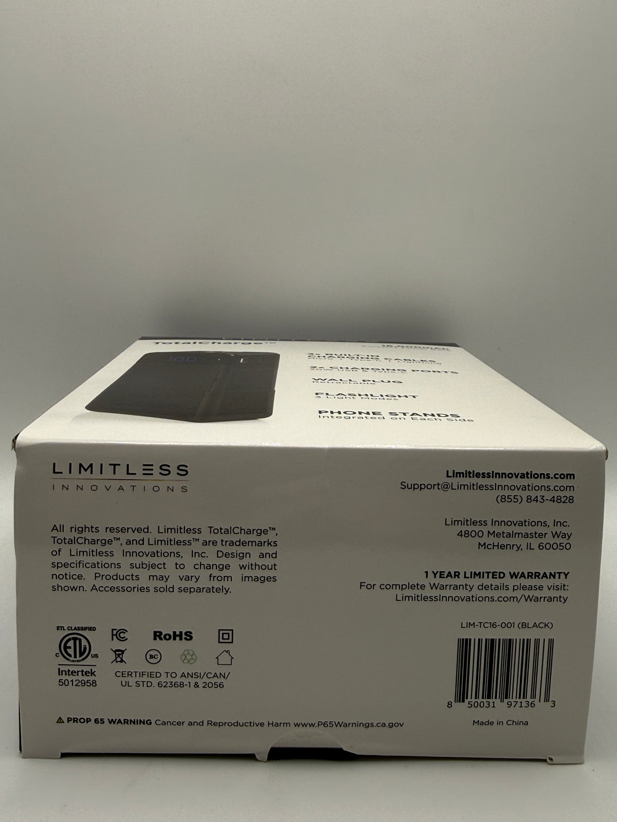 Limitless TotalCharge box bottom with warranty and certification info