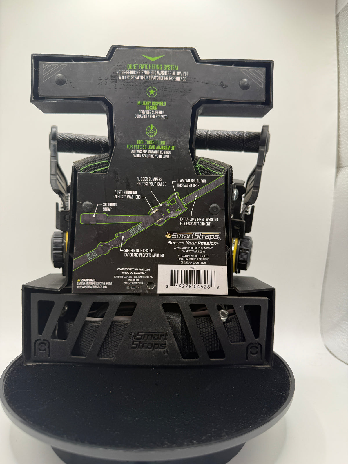 Back view of SmartStraps Tactical Ratchet Tie Downs package showing features