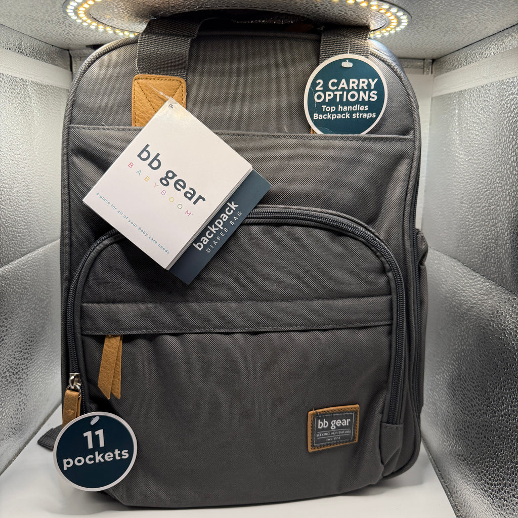 Front view of bb gear backpack diaper bag in gray with tags