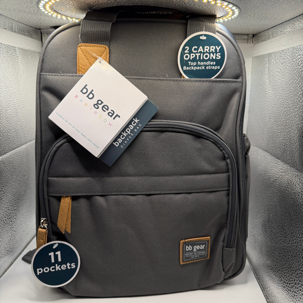Front view of bb gear backpack diaper bag in gray with tags
