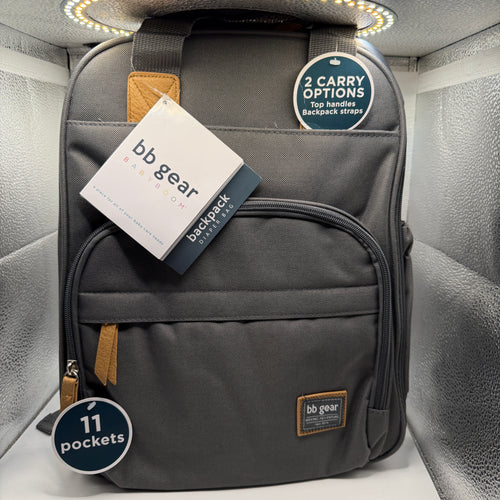 Front view of bb gear backpack diaper bag in gray with tags