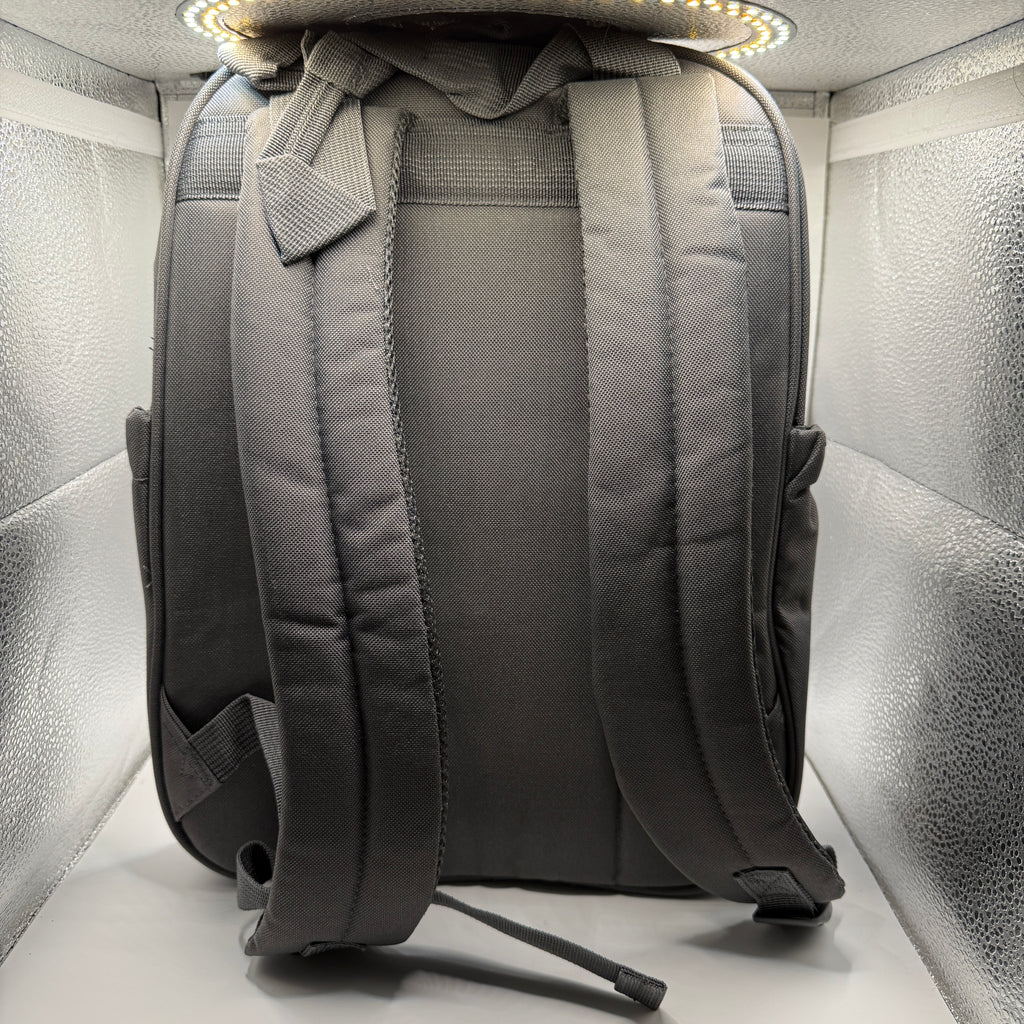Back view showing padded backpack straps of bb gear diaper bag
