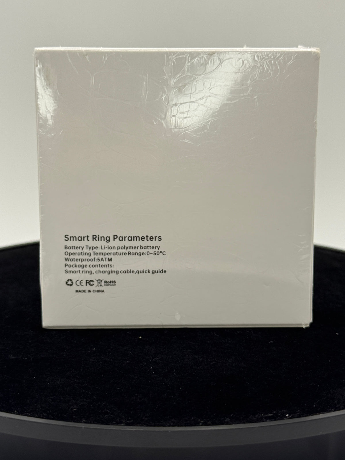 Smart Ring box back view showing specifications