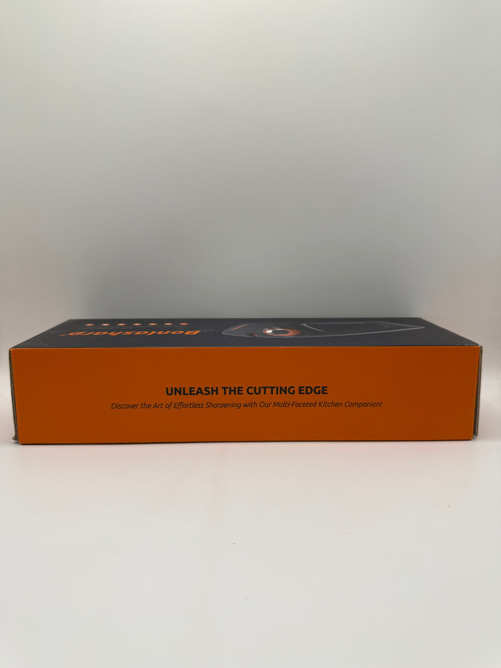 Side view of Bonlasharp sharpener box with tagline