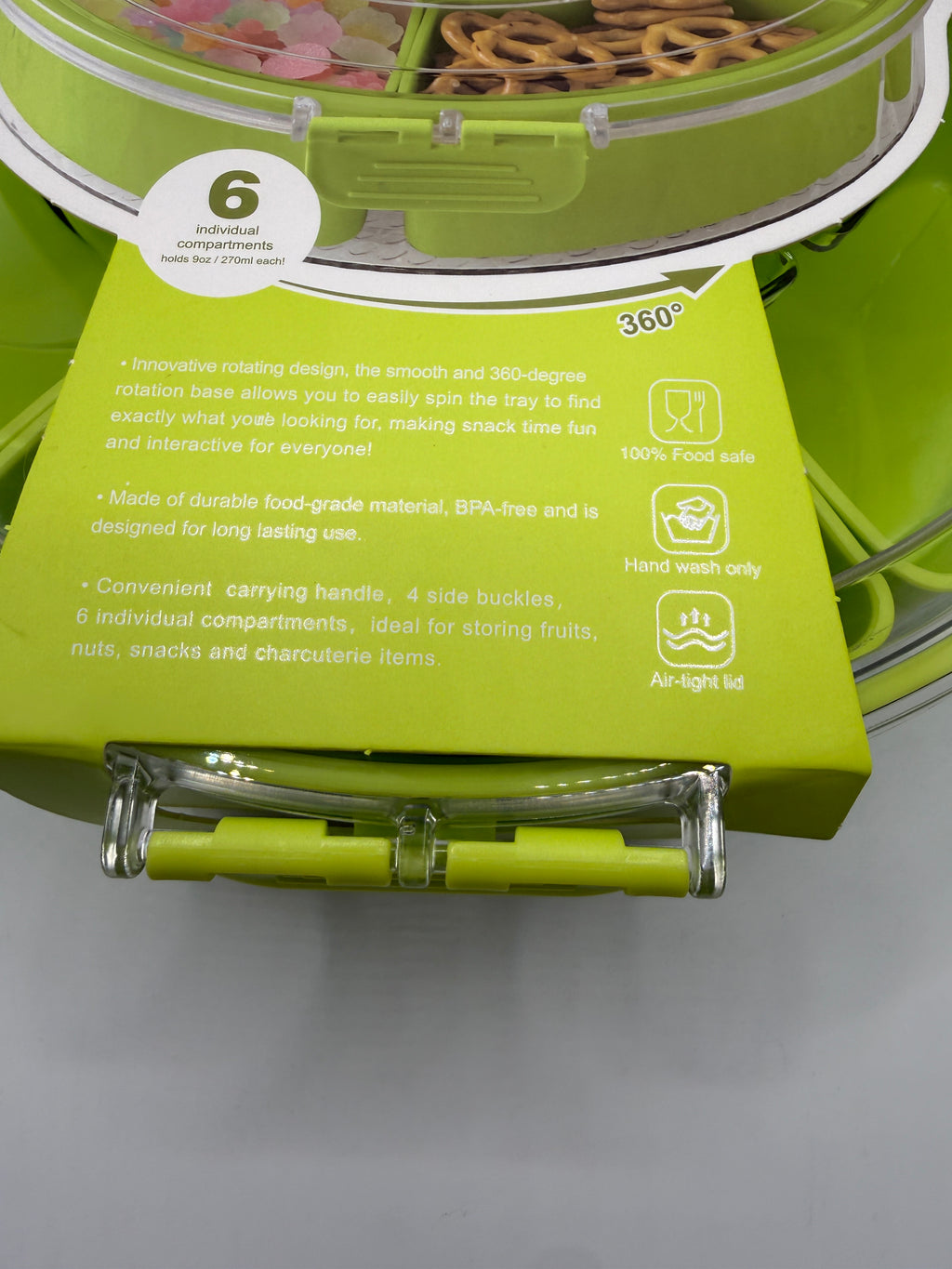 Close-up view of snack box lid and compartments