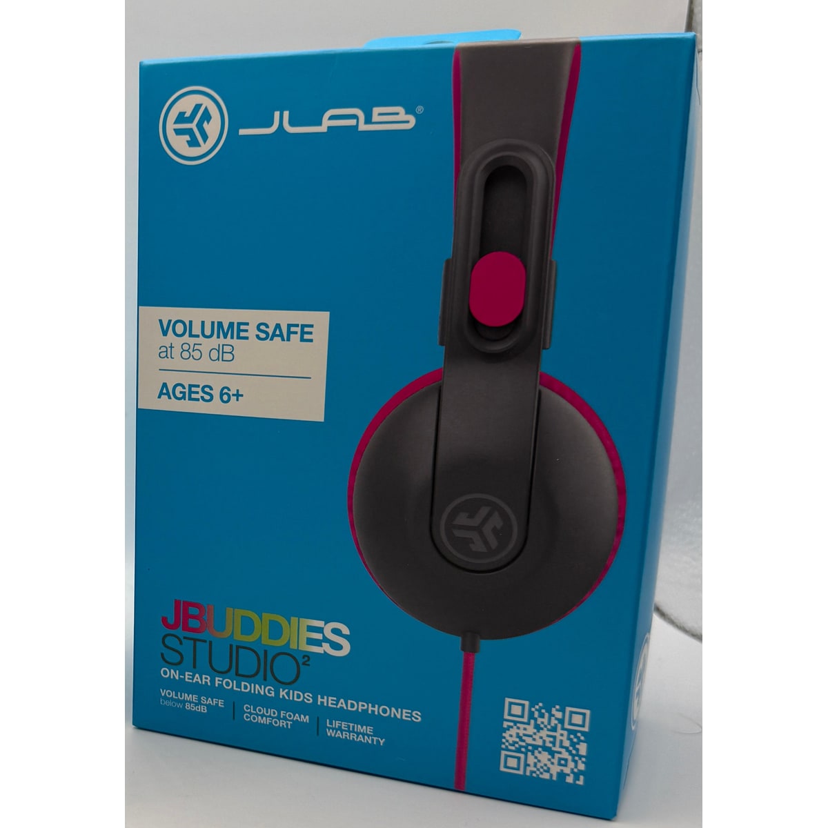 JLab JBuddies Studio 2 pink wired kids headphones retail box front