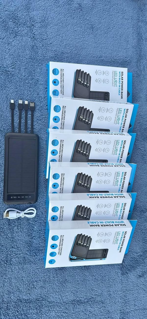 Solar Power Bank with Built-in Cables & LED Light