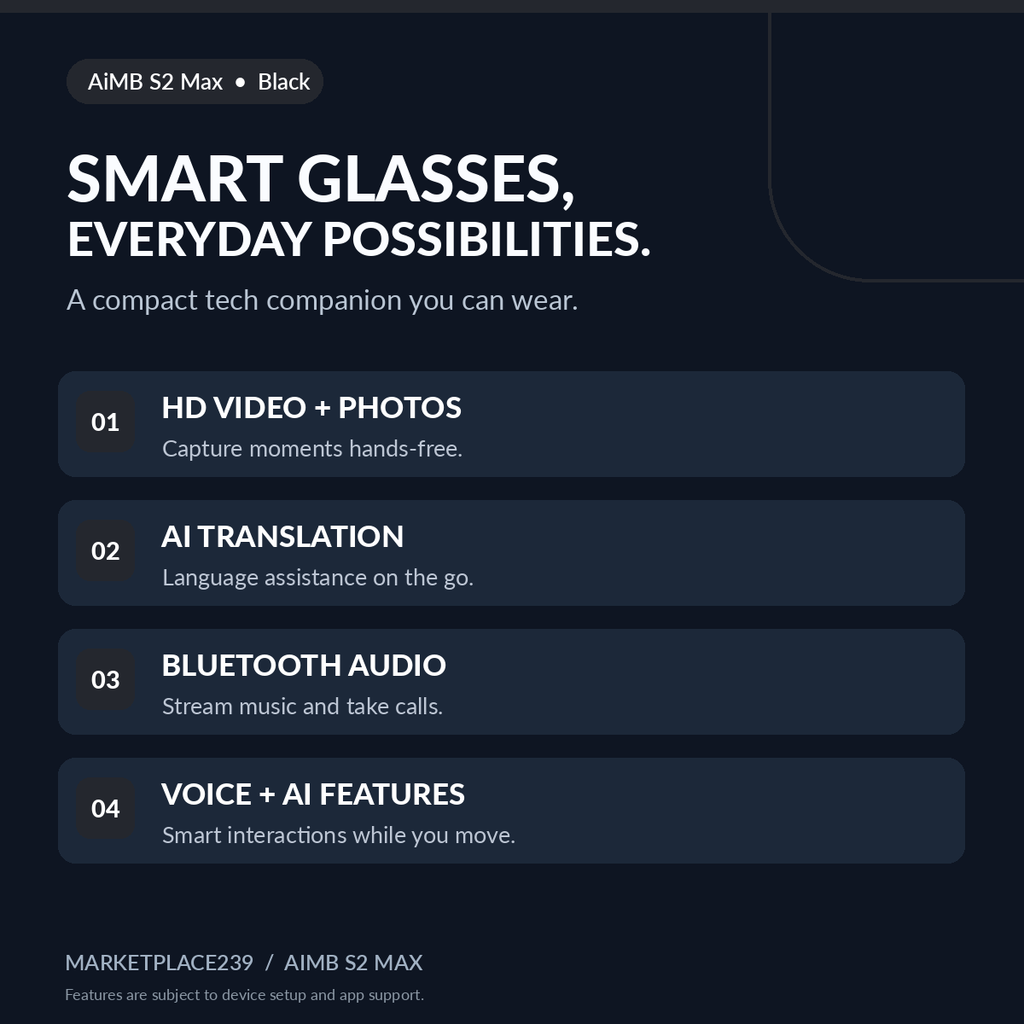 AiMB S2 Max black — feature overview including HD video, translation, Bluetooth