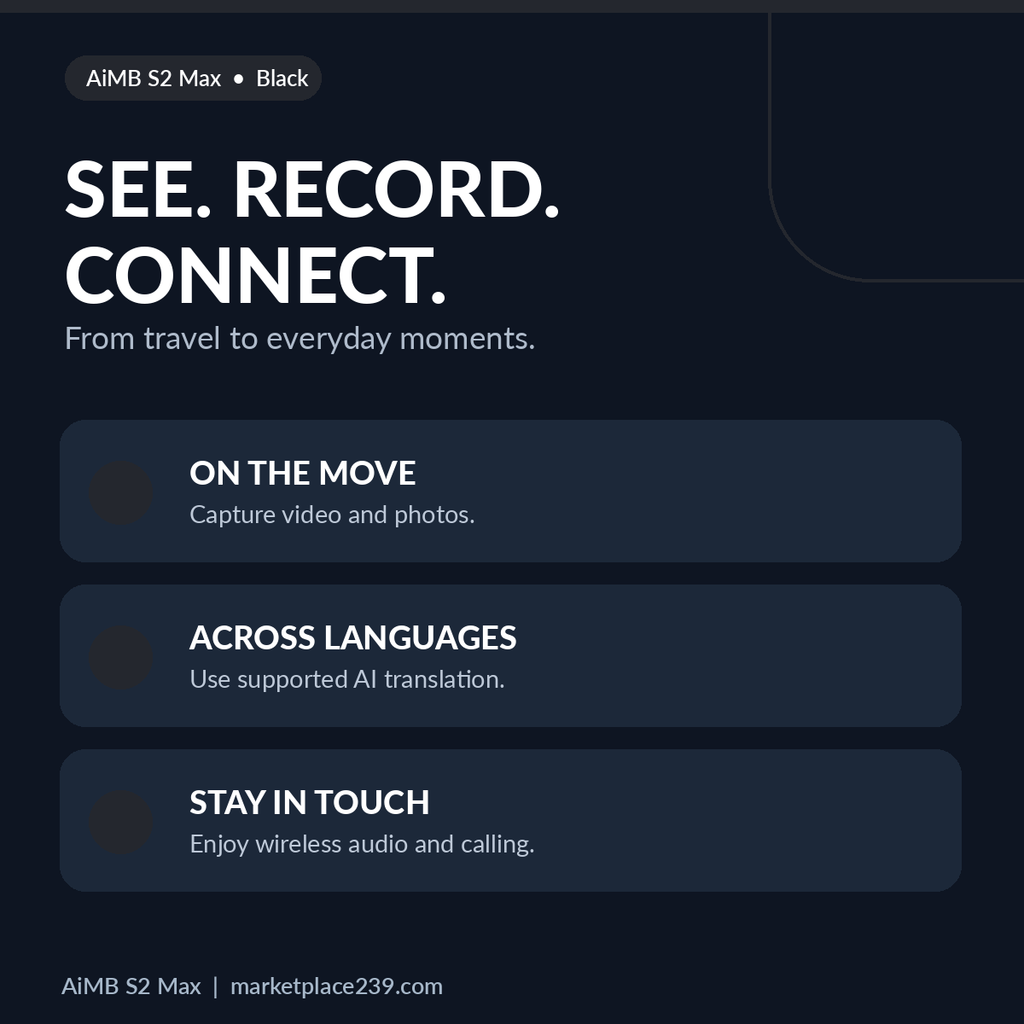 AiMB S2 Max black — illustrated everyday uses for recording, translation and wireless calling