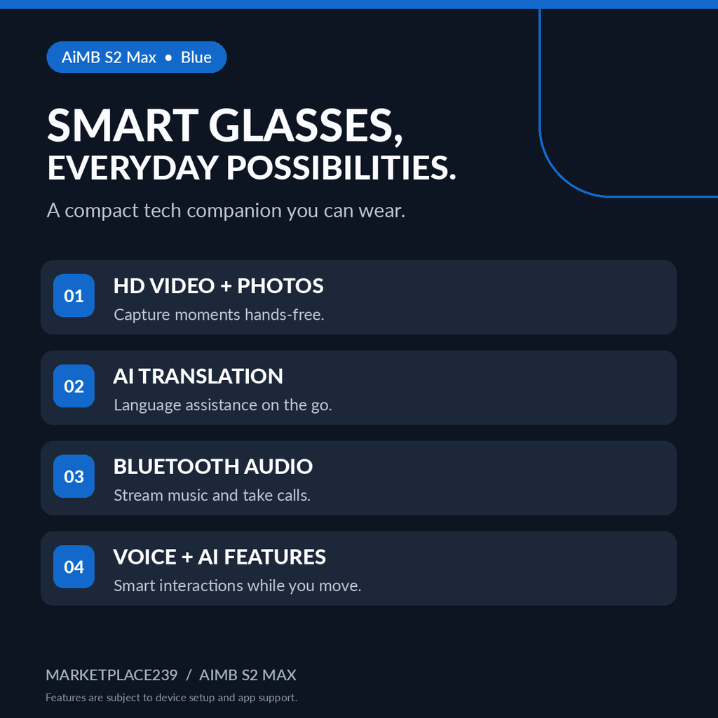 AiMB S2 Max blue — feature overview including HD video, translation, Bluetooth