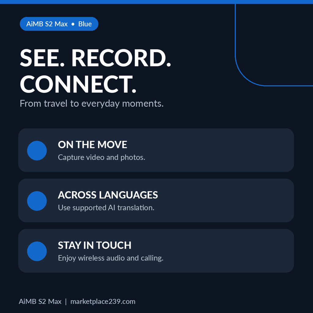 AiMB S2 Max blue — illustrated everyday uses for recording, translation and wireless calling