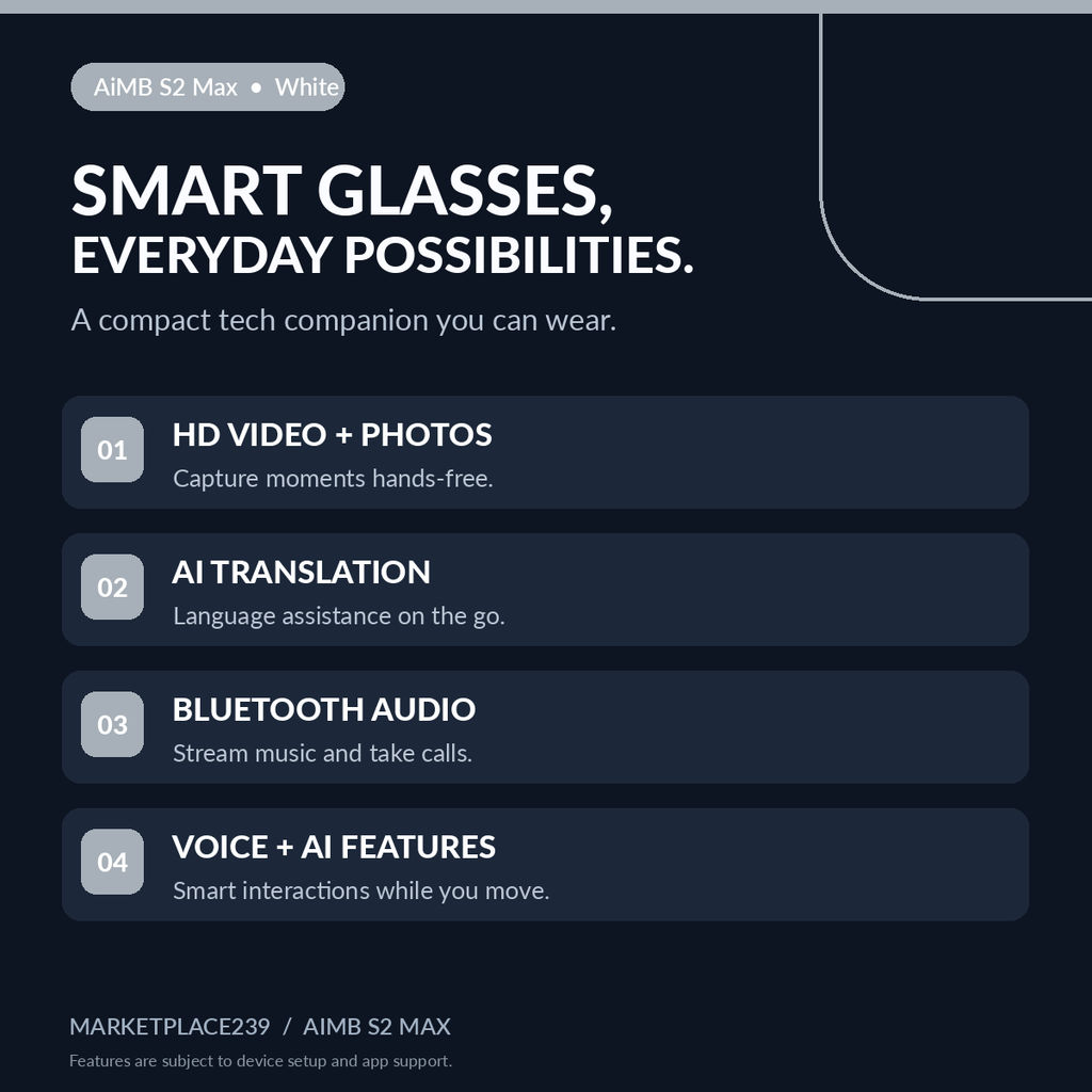 AiMB S2 Max white — feature overview including HD video, translation, Bluetooth
