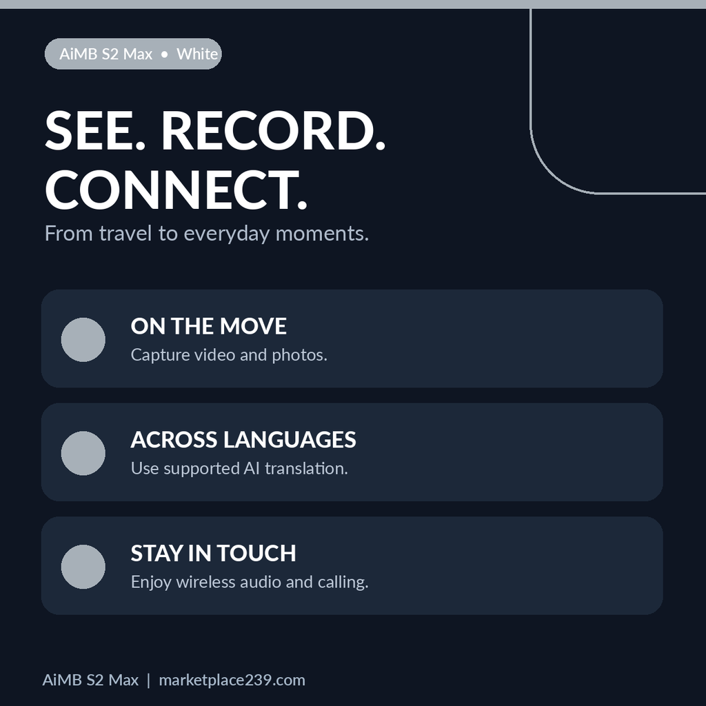 AiMB S2 Max white — illustrated everyday uses for recording, translation and wireless calling