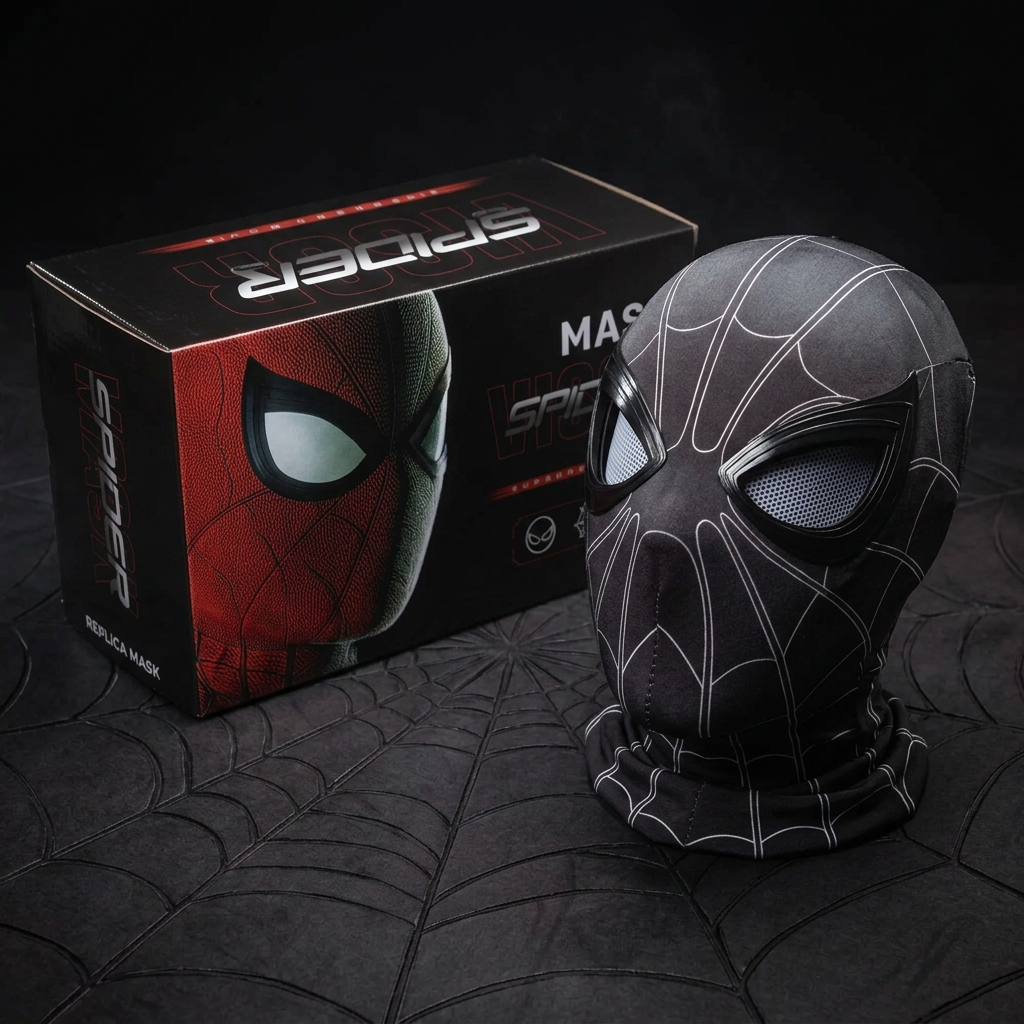 Spider-Man Black Mask with Moving Eyes - Lever-Operated Cosplay Mask